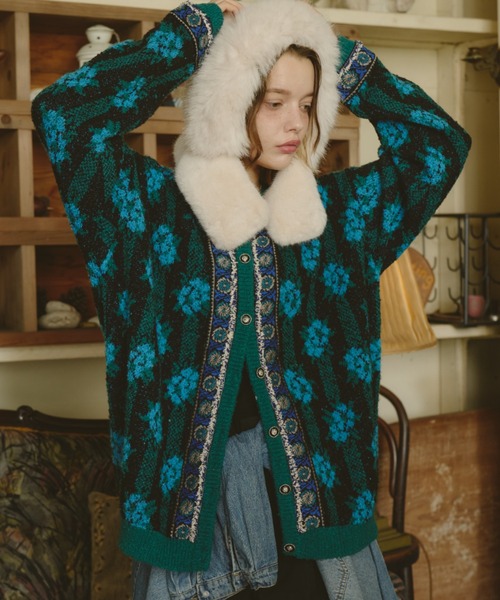 Unitage（ユニテージ）の「ブークレ総柄ジャガードニットカーディガン（カーディガン/ボレロ・レディース・ネイビー/ピンク/グリーン/ブラウン/ボルドー・FREE）」の6枚目の写真