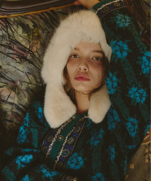 Unitage（ユニテージ）の「ブークレ総柄ジャガードニットカーディガン（カーディガン/ボレロ・レディース・ネイビー/ピンク/グリーン/ブラウン/ボルドー・FREE）」の9枚目の写真