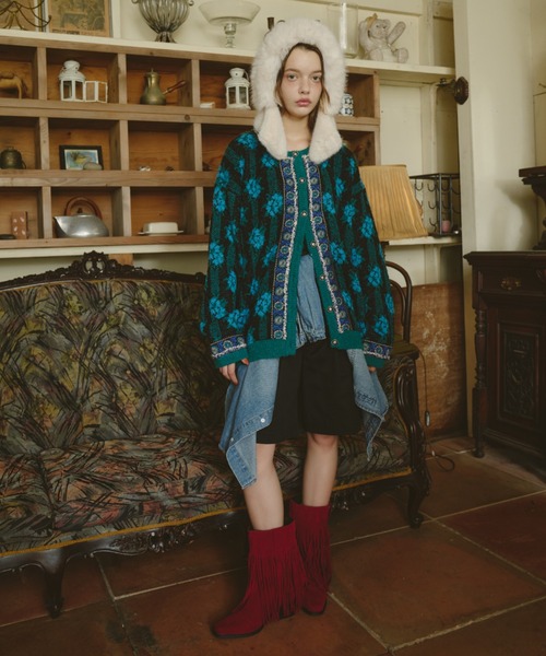 Unitage（ユニテージ）の「ブークレ総柄ジャガードニットカーディガン（カーディガン/ボレロ・レディース・ネイビー/ピンク/グリーン/ブラウン/ボルドー・FREE）」の13枚目の写真