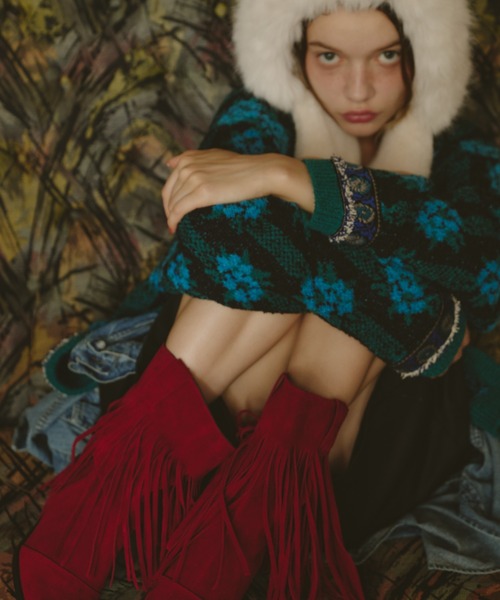 Unitage（ユニテージ）の「ブークレ総柄ジャガードニットカーディガン（カーディガン/ボレロ・レディース・ネイビー/ピンク/グリーン/ブラウン/ボルドー・FREE）」の10枚目の写真