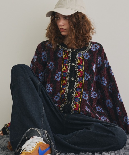 ブークレ総柄ジャガードニットカーディガン（カーディガン/ボレロ