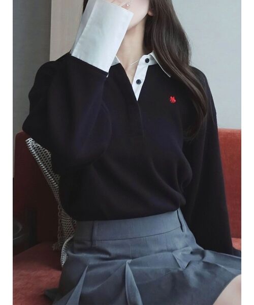 POLO BCSコラボ シャツカラーカフスニットプルオーバー　ネイビー ラグナムーン LAGUNAMOON 【POLO BCSコラボ】シャツカラーカフスニット