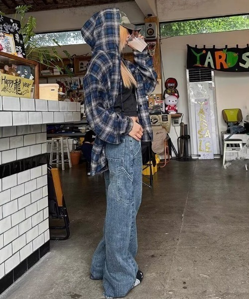 yuue' ( wear )(ユーイ)の「ヴィンテージライクチェック柄フーディーシャツ(シャツ/ブラウス・レディース・ブルー・FREE)」の11枚目の写真