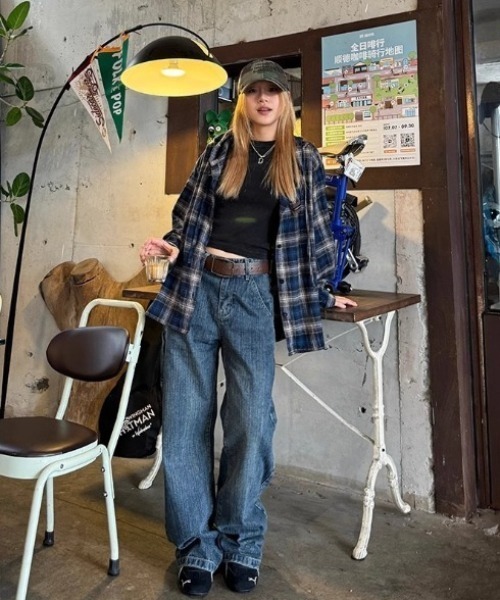 yuue' ( wear )(ユーイ)の「ヴィンテージライクチェック柄フーディーシャツ(シャツ/ブラウス・レディース・ブルー・FREE)」の4枚目の写真