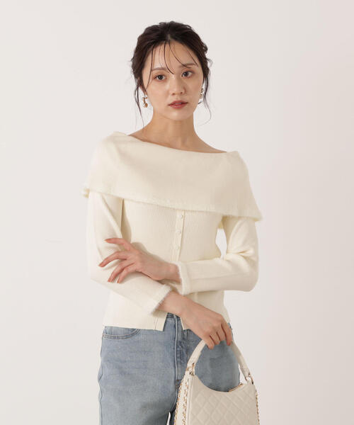 PROPORTION BODY DRESSING(プロポーションボディドレッシング)の「ポイントフェザーオフショルニット / 1215275001(ニット/セーター・レディース・ベージュ/ネイビー/ホワイト系その他・FREE)」の2枚目の写真