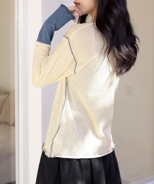 ONEP STAR（ワンピスター）の「配色ステッチ×異素材袖トップス（Tシャツ/カットソー・レディース・ブルー/サーモンピンク/ベージュ・MEDIUM）」の21枚目の写真