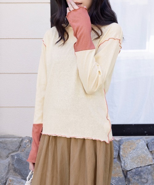 ONEP STAR（ワンピスター）の「配色ステッチ×異素材袖トップス（Tシャツ/カットソー・レディース・ブルー/サーモンピンク/ベージュ・MEDIUM）」の10枚目の写真