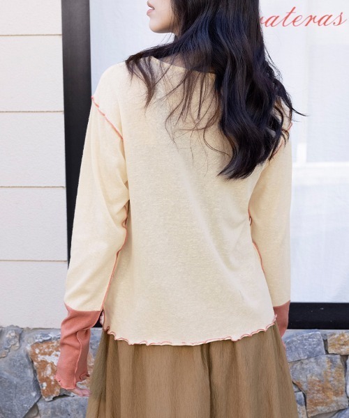 ONEP STAR（ワンピスター）の「配色ステッチ×異素材袖トップス（Tシャツ/カットソー・レディース・ブルー/サーモンピンク/ベージュ・MEDIUM）」の6枚目の写真