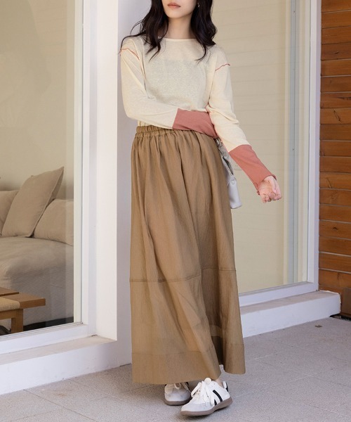 ONEP STAR（ワンピスター）の「配色ステッチ×異素材袖トップス（Tシャツ/カットソー・レディース・ブルー/サーモンピンク/ベージュ・MEDIUM）」の13枚目の写真