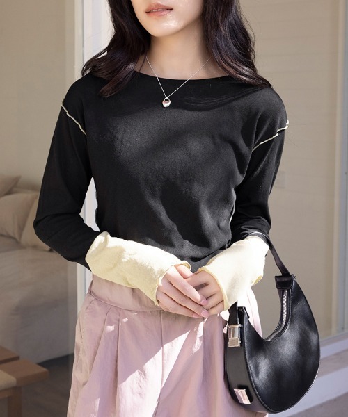ONEP STAR（ワンピスター）の「配色ステッチ×異素材袖トップス（Tシャツ/カットソー・レディース・ブルー/サーモンピンク/ベージュ・MEDIUM）」の18枚目の写真