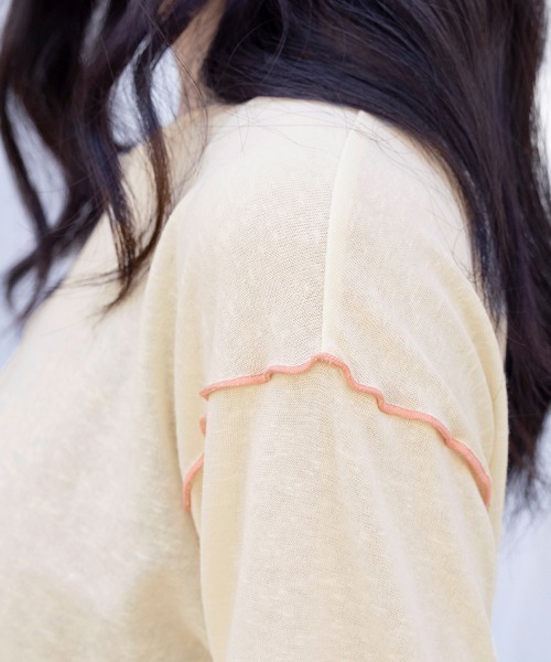 ONEP STAR（ワンピスター）の「配色ステッチ×異素材袖トップス（Tシャツ/カットソー・レディース・ブルー/サーモンピンク/ベージュ・MEDIUM）」の15枚目の写真