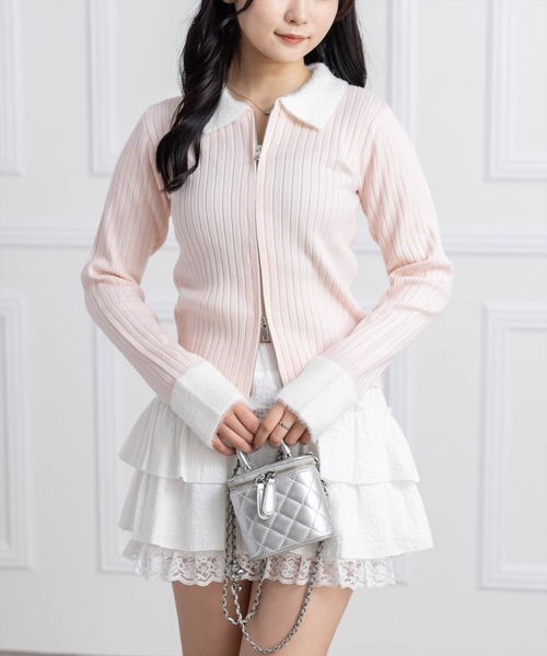 clear（クリア）の「襟袖ショートフェザーダブルジップリブニットトップス［大人 カジュアル 着回し力抜群］（ニット/セーター・レディース・キャメル/グレー/ブラック/アイボリー/ピンク・F）」の5枚目の写真