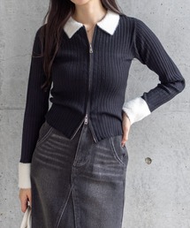 clear | 襟袖ショートフェザーダブルジップリブニットトップス［大人 カジュアル 着回し力抜群］≪AW新作≫(ニット/セーター)