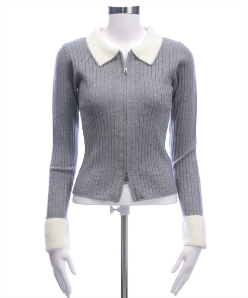 clear（クリア）の「襟袖ショートフェザーダブルジップリブニットトップス［大人 カジュアル 着回し力抜群］（ニット/セーター・レディース・キャメル/グレー/ブラック/アイボリー/ピンク・F）」の7枚目の写真