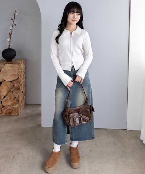 clear（クリア）の「襟袖ショートフェザーダブルジップリブニットトップス［大人 カジュアル 着回し力抜群］（ニット/セーター・レディース・キャメル/グレー/ブラック/アイボリー/ピンク・F）」の22枚目の写真