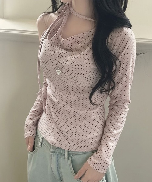 Nia(ニア)の「Nia(ニア)/チョーカーリボン ドットワンショルダー長袖カットソー(Tシャツ/カットソー・レディース・アイボリー/ピンク・SMALL/MEDIUM)」の9枚目の写真