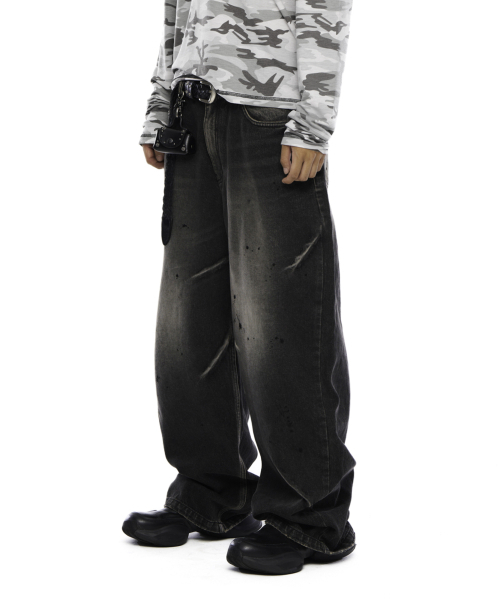 パンツ AAKAM Denim Pants BLACK セール】Paint Washed Denim Pants (Black)（デニムパンツ）｜AAKAM