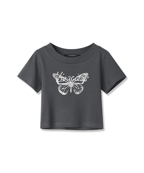 Vivacious（ビバシャス）の「Butterfly Crop t-shirt - 3COL（Tシャツ/カットソー・レディース・ブラック/ホワイト/チャコール・MEDIUM/SMALL）」の5枚目の写真