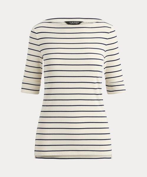 (取寄) ローレン ラルフローレン レディース プラス サイズ ストライプド ストレッチ コットン ボートネック ティー Lauren Ralph Lauren women Plus Size Striped Stretch Cotton Boatneck Tee Lauren Navy/Cinnamon Bark ストライプド ストレッチ コットン ボートネック Tシャツ（Tシャツ