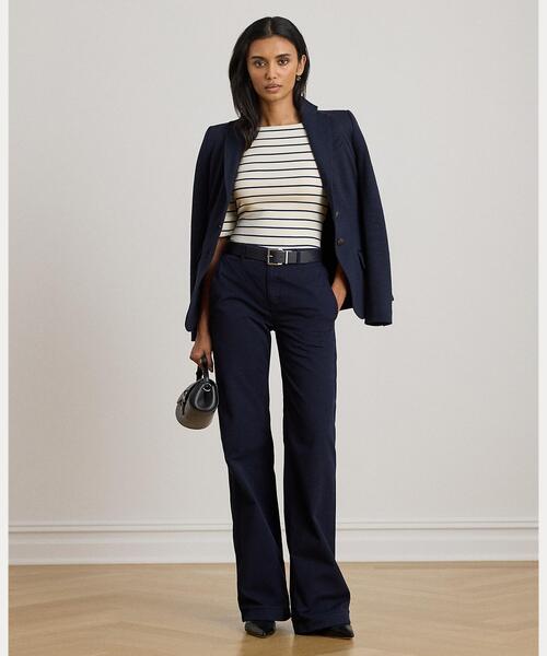 ストライプド ストレッチ コットン ボートネック Tシャツ（Tシャツ