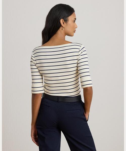 ストライプド ストレッチ コットン ボートネック Tシャツ（Tシャツ