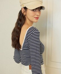 SALON DE YOHN（サロンドヨーン）の「Back Point Stripe T_ Navy（Tシャツ/カットソー）」
