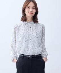 【カットソー裏地が心地よい】ジャガードシャーリングブラウス【花柄・チェック柄・大きいサイズあり】