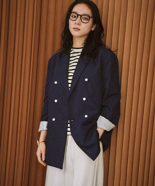 ELFRANK（エルフランク）の「【2026SS】ロゴ刺繍 テーラードジャケット オフィス フォーマル パールボタン《着用動画あり》（テーラードジャケット・レディース・ネイビー/ブラック・M/L）」の2枚目の写真