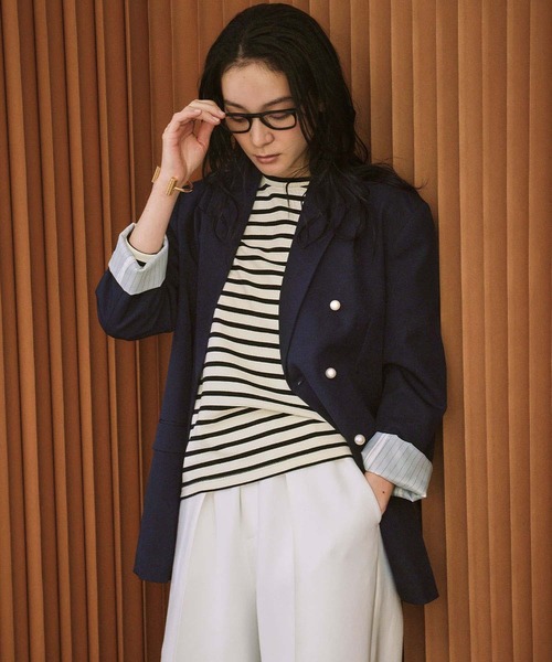 ELFRANK（エルフランク）の「【2026SS】ロゴ刺繍 テーラードジャケット オフィス フォーマル パールボタン《着用動画あり》（テーラードジャケット・レディース・ネイビー/ブラック・M/L）」の7枚目の写真