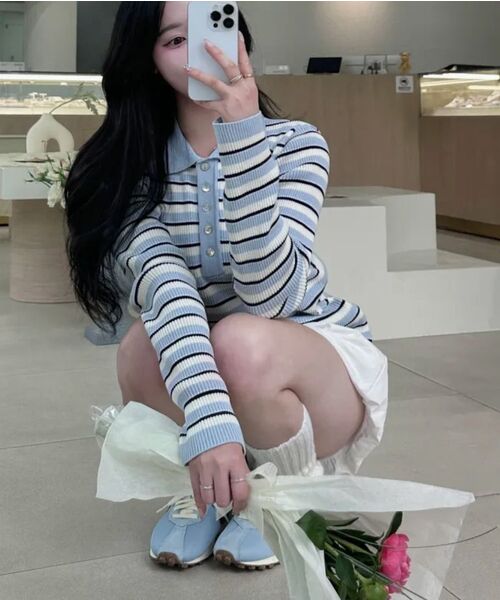 BLUESUNFLOWER（ブルーサンフラワー）の「3ピースストライプロングスリーブニットウェア[ブルー]（ニット/セーター・レディース・スカイブルー・FREE）」の5枚目の写真