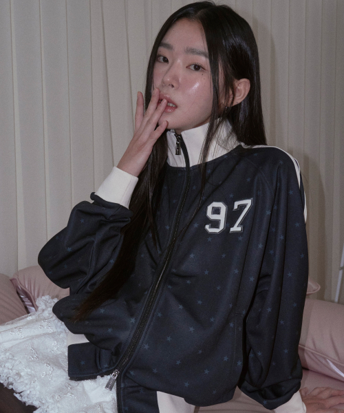 ジャケット・アウター FOOTBALL JERSEY TRACK JACKET STAR 97 LOGO JERSEY TRACK JACKET BLACK（ナイロンジャケット