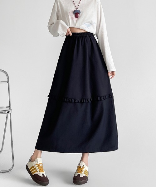 ONEP STAR(ワンピスター)の「フリル切替ロングスカート(スカート・レディース・ホワイト/ネイビー/グレー・SMALL/MEDIUM/LARGE/X-LARGE)」の1枚目の写真