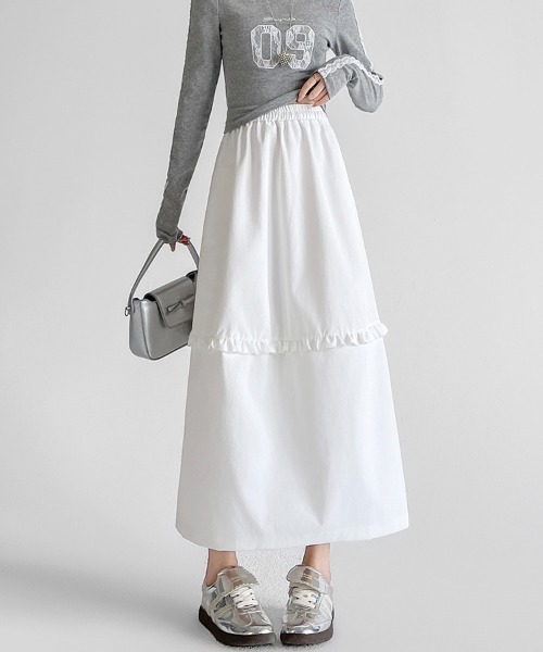 ONEP STAR(ワンピスター)の「フリル切替ロングスカート(スカート・レディース・ホワイト/ネイビー/グレー・SMALL/MEDIUM/LARGE/X-LARGE)」の2枚目の写真