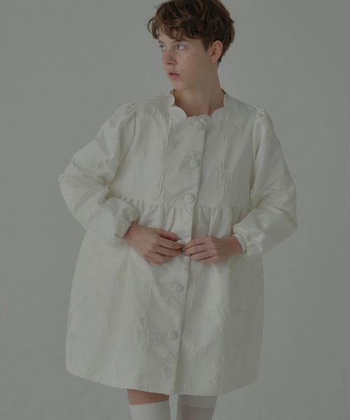 HONEY MI HONEY（ハニーミーハニー）の「ribbon jacquard tunic jacket（ノーカラージャケット・レディース・チャコールグレー/オフホワイト/ブラック・FREE）」の2枚目の写真