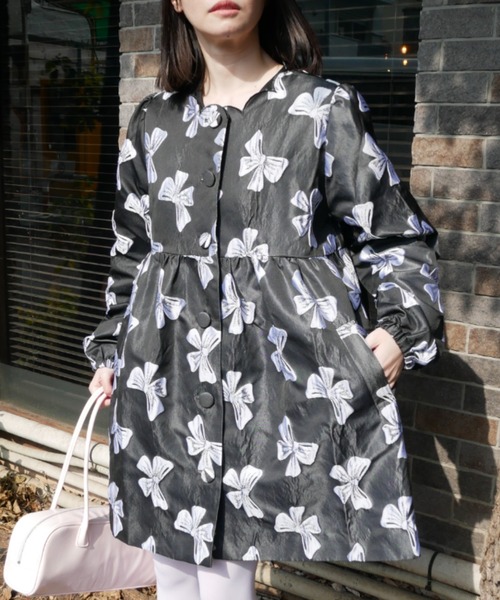 セール】ribbon jacquard tunic jacket（ノーカラージャケット