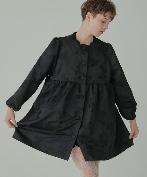 HONEY MI HONEY（ハニーミーハニー）の「ribbon jacquard tunic jacket（ノーカラージャケット・レディース・チャコールグレー/オフホワイト/ブラック・FREE）」の3枚目の写真