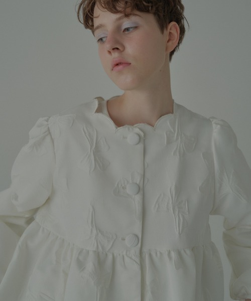 HONEY MI HONEY（ハニーミーハニー）の「ribbon jacquard tunic jacket（ノーカラージャケット・レディース・チャコールグレー/オフホワイト/ブラック・FREE）」の7枚目の写真
