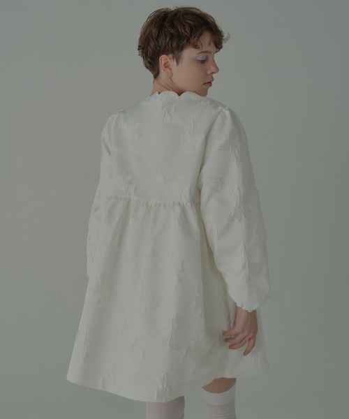 HONEY MI HONEY（ハニーミーハニー）の「ribbon jacquard tunic jacket（ノーカラージャケット・レディース・チャコールグレー/オフホワイト/ブラック・FREE）」の6枚目の写真