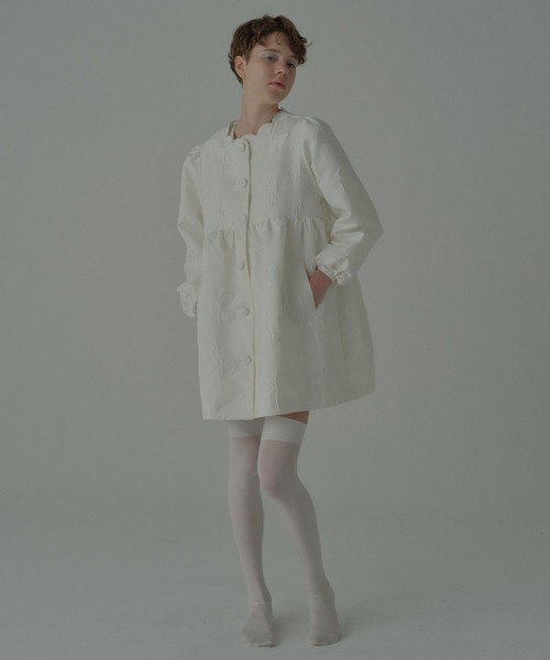 HONEY MI HONEY（ハニーミーハニー）の「ribbon jacquard tunic jacket（ノーカラージャケット・レディース・チャコールグレー/オフホワイト/ブラック・FREE）」の5枚目の写真