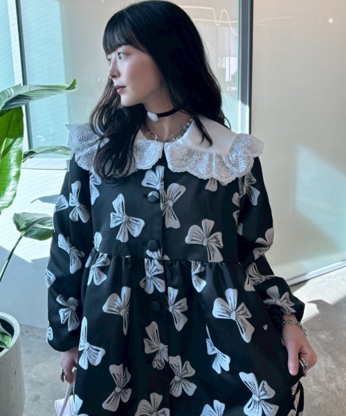 HONEY MI HONEY（ハニーミーハニー）の「ribbon jacquard tunic jacket（ノーカラージャケット・レディース・チャコールグレー/オフホワイト/ブラック・FREE）」の10枚目の写真