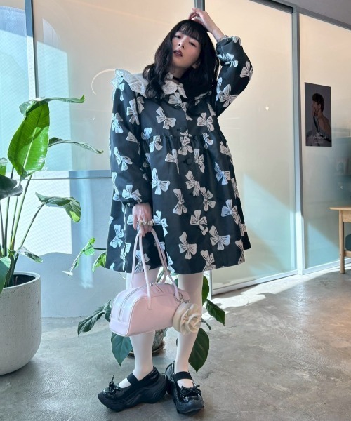 HONEY MI HONEY（ハニーミーハニー）の「ribbon jacquard tunic jacket（ノーカラージャケット・レディース・チャコールグレー/オフホワイト/ブラック・FREE）」の9枚目の写真