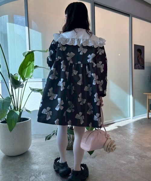 HONEY MI HONEY（ハニーミーハニー）の「ribbon jacquard tunic jacket（ノーカラージャケット・レディース・チャコールグレー/オフホワイト/ブラック・FREE）」の8枚目の写真