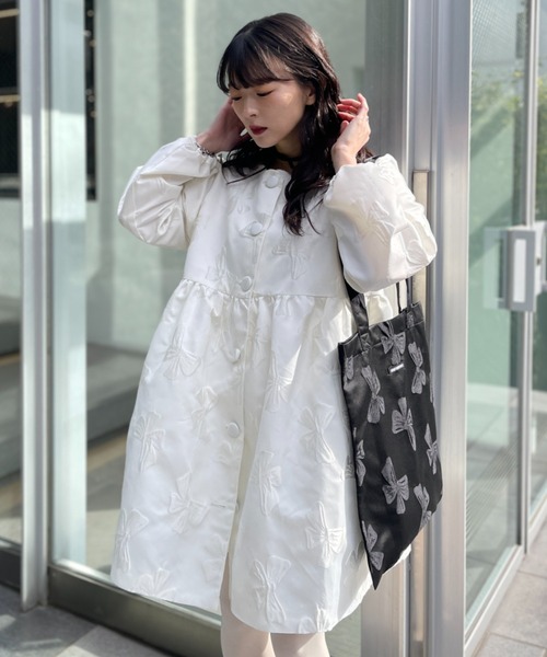 HONEY MI HONEY（ハニーミーハニー）の「ribbon jacquard tunic jacket（ノーカラージャケット・レディース・チャコールグレー/オフホワイト/ブラック・FREE）」の12枚目の写真