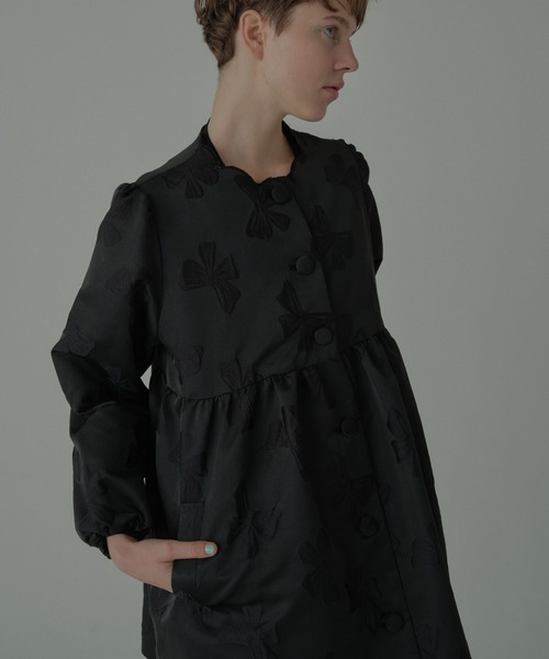HONEY MI HONEY（ハニーミーハニー）の「ribbon jacquard tunic jacket（ノーカラージャケット・レディース・チャコールグレー/オフホワイト/ブラック・FREE）」の16枚目の写真