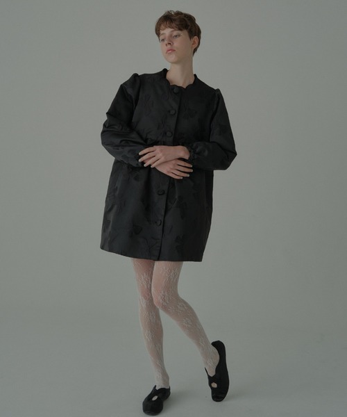 HONEY MI HONEY（ハニーミーハニー）の「ribbon jacquard tunic jacket（ノーカラージャケット・レディース・チャコールグレー/オフホワイト/ブラック・FREE）」の15枚目の写真