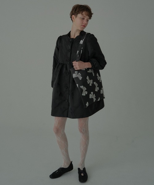 HONEY MI HONEY（ハニーミーハニー）の「ribbon jacquard tunic jacket（ノーカラージャケット・レディース・チャコールグレー/オフホワイト/ブラック・FREE）」の14枚目の写真