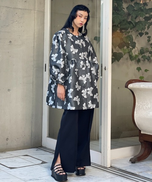 HONEY MI HONEY（ハニーミーハニー）の「ribbon jacquard tunic jacket（ノーカラージャケット・レディース・チャコールグレー/オフホワイト/ブラック・FREE）」の13枚目の写真