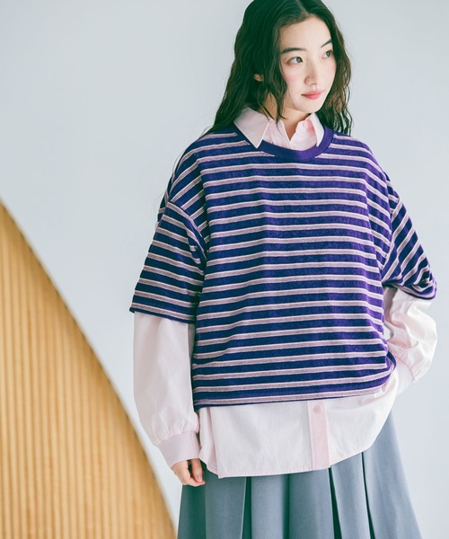 niko and...（ニコアンド）の「パイルボーダーTシャツ（Tシャツ/カットソー・レディース・パープル/ネイビー・LARGE/MEDIUM）」の2枚目の写真