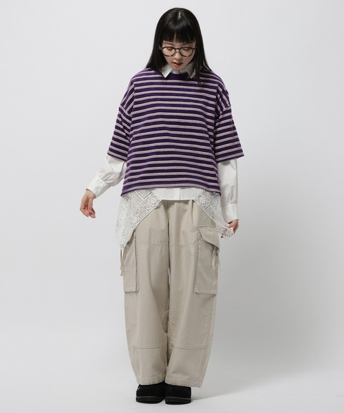 niko and...（ニコアンド）の「パイルボーダーTシャツ（Tシャツ/カットソー・レディース・パープル/ネイビー・LARGE/MEDIUM）」の4枚目の写真