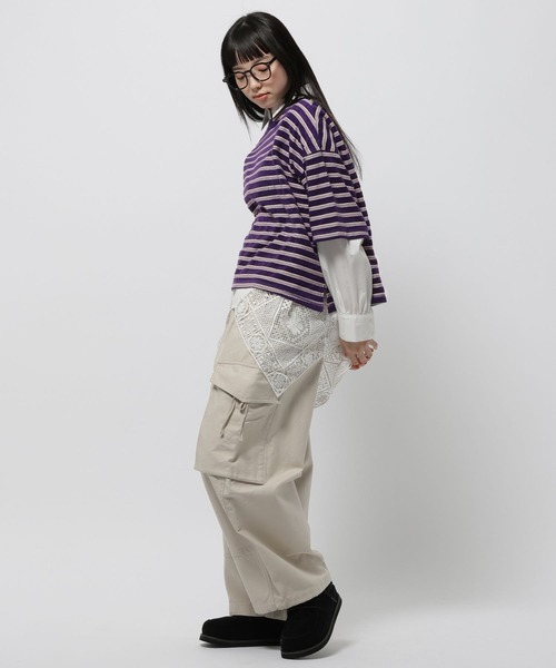 niko and...（ニコアンド）の「パイルボーダーTシャツ（Tシャツ/カットソー・レディース・パープル/ネイビー・LARGE/MEDIUM）」の5枚目の写真